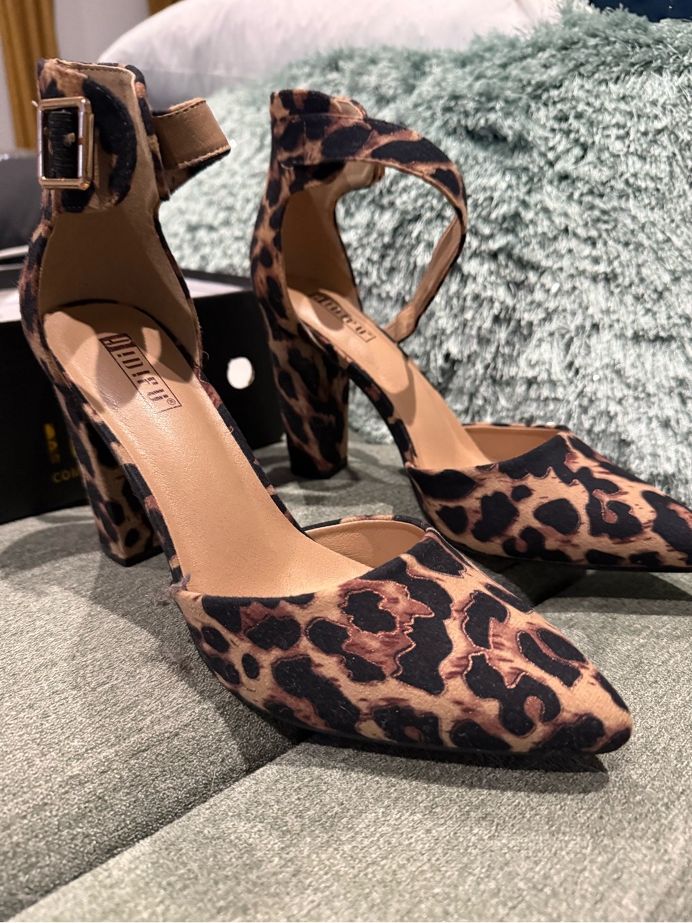 IDIFU Leopard Print Ankle-Strap Block Heels in Brown and Black